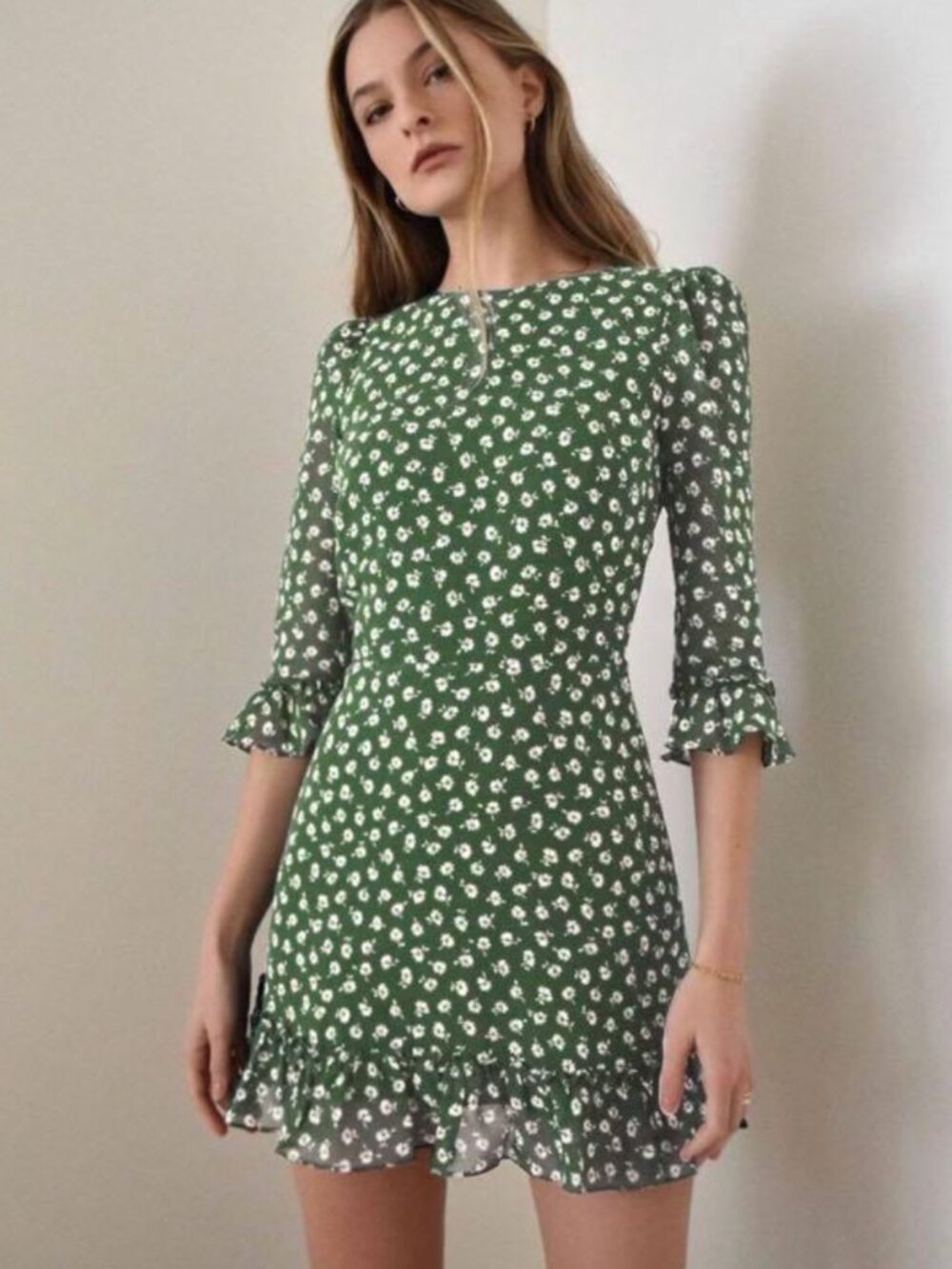 Reformation Green White Chive Floral 3/4 Long Ruffle Sleeve Doutzen Mini Dress